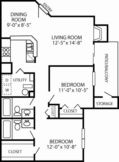 Floor plan for 2 beds, 2 baths, 885 sqft